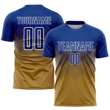 Laden Sie das Bild in den Galerie-Viewer, Uksn Individuelles Altgold Royalblau-Weiß Sublimations-Fußballtrikot