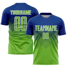Laden Sie das Bild in den Galerie-Viewer, Uksn Individuelles Royalblau Neongrün-Weiß Sublimations-Fußballtrikot