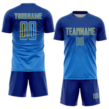 Laden Sie das Bild in den Galerie-Viewer, Uksn Individuelles Royalblau Puderblau-Gold Sublimations-Fußballtrikot