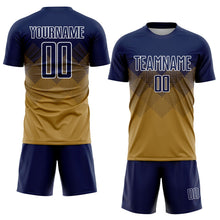Laden Sie das Bild in den Galerie-Viewer, Uksn Individuelles Altgold Marineblau-Weiß Sublimations-Fußballtrikot