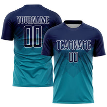 Laden Sie das Bild in den Galerie-Viewer, Uksn Individuelles Petrol Marineblau-Weiß Sublimations-Fußballtrikot