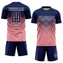 Laden Sie das Bild in den Galerie-Viewer, Uksn Individuelles Mittelrosa Marineblau-Weiß Sublimations-Fußballtrikot