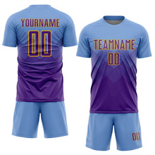 Laden Sie das Bild in den Galerie-Viewer, Uksn Individuelles Hellblau Violett-Gold Sublimations-Fußballtrikot