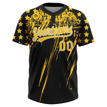 Laden Sie das Bild in den Galerie-Viewer, Uksn Individuelles Schwarz Gelb-Weiß Used-Look Kratzer Pinselstrich Stern Raglanärmel Zweiknopf Unisex Softball-Trikot