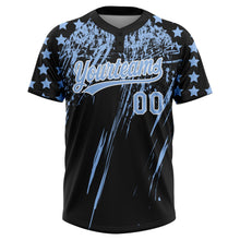 Laden Sie das Bild in den Galerie-Viewer, Uksn Individuelles Schwarz Hellblau-Weiß Used-Look Kratzer Pinselstrich Stern Raglanärmel Zweiknopf Unisex Softball-Trikot