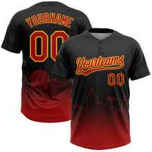 Laden Sie das Bild in den Galerie-Viewer, Uksn Individuelles Schwarz Rot-Gold Atlanta City Edition Farbverlauf Zweiknopf Unisex Softball-Trikot