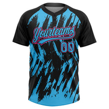Laden Sie das Bild in den Galerie-Viewer, Uksn Individuelles Schwarz Himmelblau-Pink Spritzklecks zerrissener scharfer Pinselstrich Zweiknopf Unisex Softball-Trikot