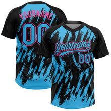 Laden Sie das Bild in den Galerie-Viewer, Uksn Individuelles Schwarz Himmelblau-Pink Spritzklecks zerrissener scharfer Pinselstrich Zweiknopf Unisex Softball-Trikot