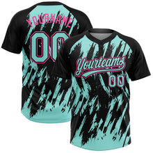 Laden Sie das Bild in den Galerie-Viewer, Uksn Individuelles Schwarz Eisblau-Pink Spritzklecks zerrissener scharfer Pinselstrich Zweiknopf Unisex Softball-Trikot