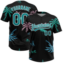 Laden Sie das Bild in den Galerie-Viewer, Uksn Individuelles Schwarz Petrol-Weiß Hawaii Palmen Zweiknopf Unisex Softball-Trikot