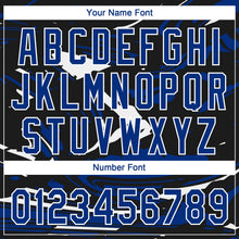 Laden Sie das Bild in den Galerie-Viewer, Uksn Individuelles Schwarz Royalblau-Weiß Raglanärmel Abstrakt fließender Marmor Zweiknopf Unisex Softball-Trikot