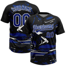 Laden Sie das Bild in den Galerie-Viewer, Uksn Individuelles Schwarz Royalblau-Weiß Raglanärmel Abstrakt fließender Marmor Zweiknopf Unisex Softball-Trikot