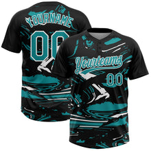 Laden Sie das Bild in den Galerie-Viewer, Uksn Individuelles Schwarz Petrol-Weiß Raglanärmel Abstrakt fließender Marmor Zweiknopf Unisex Softball-Trikot