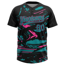Laden Sie das Bild in den Galerie-Viewer, Uksn Individuelles Schwarz Petrol-Pink Raglanärmel Abstrakt fließender Marmor Zweiknopf Unisex Softball-Trikot