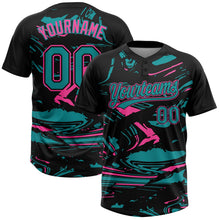 Laden Sie das Bild in den Galerie-Viewer, Uksn Individuelles Schwarz Petrol-Pink Raglanärmel Abstrakt fließender Marmor Zweiknopf Unisex Softball-Trikot