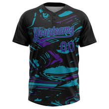 Laden Sie das Bild in den Galerie-Viewer, Uksn Individuelles Schwarz Violett-Petrol Raglanärmel Abstrakt fließender Marmor Zweiknopf Unisex Softball-Trikot