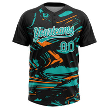 Laden Sie das Bild in den Galerie-Viewer, Uksn Individuelles Schwarz Aqua Bay Orange-Weiß Raglanärmel Abstrakt fließender Marmor Zweiknopf Unisex Softball-Trikot