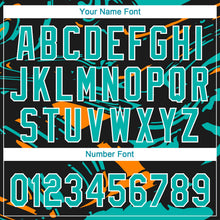 Laden Sie das Bild in den Galerie-Viewer, Uksn Individuelles Schwarz Aqua Bay Orange-Weiß Raglanärmel Abstrakt fließender Marmor Zweiknopf Unisex Softball-Trikot