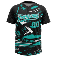 Laden Sie das Bild in den Galerie-Viewer, Uksn Individuelles Schwarz Aqua-Weiß Raglanärmel Abstrakt fließender Marmor Zweiknopf Unisex Softball-Trikot