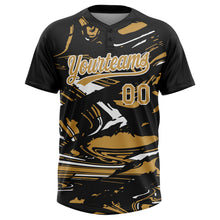 Laden Sie das Bild in den Galerie-Viewer, Uksn Individuelles Schwarz Altgold-Weiß Raglanärmel Abstrakt fließender Marmor Zweiknopf Unisex Softball-Trikot