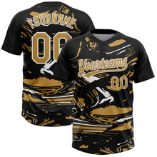 Laden Sie das Bild in den Galerie-Viewer, Uksn Individuelles Schwarz Altgold-Weiß Raglanärmel Abstrakt fließender Marmor Zweiknopf Unisex Softball-Trikot