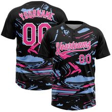 Laden Sie das Bild in den Galerie-Viewer, Uksn Individuelles Schwarz Pink Hellblau-Weiß Raglanärmel Abstrakt fließender Marmor Zweiknopf Unisex Softball-Trikot