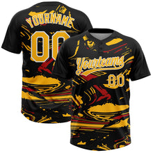 Laden Sie das Bild in den Galerie-Viewer, Uksn Individuelles Schwarz Gold Rot-Weiß Raglanärmel Abstrakt fließender Marmor Zweiknopf Unisex Softball-Trikot