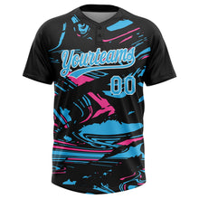 Laden Sie das Bild in den Galerie-Viewer, Uksn Individuelles Schwarz Himmelblau Pink-Weiß Raglanärmel Abstrakt fließender Marmor Zweiknopf Unisex Softball-Trikot