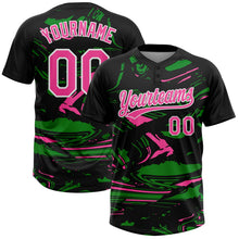 Laden Sie das Bild in den Galerie-Viewer, Uksn Individuelles Schwarz Pink Grasgrün-Weiß Raglanärmel Abstrakt fließender Marmor Zweiknopf Unisex Softball-Trikot