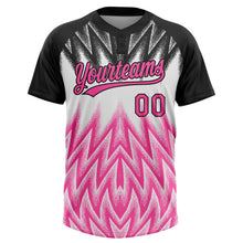 Laden Sie das Bild in den Galerie-Viewer, Uksn Individuelles Schwarz Pink-Weiß Raglanärmel Abstrakt geometrisches Chevron-Zickzack Zweiknopf Unisex Softball-Trikot