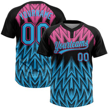Laden Sie das Bild in den Galerie-Viewer, Uksn Individuelles Schwarz Himmelblau-Pink Raglanärmel Abstrakt geometrisches Chevron-Zickzack Zweiknopf Unisex Softball-Trikot