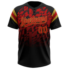 Laden Sie das Bild in den Galerie-Viewer, Uksn Individuelles Schwarz Rot-Altgold Farbverlauf geometrisches Gitter Ärmelstreifen Zweiknopf Unisex Softball-Trikot
