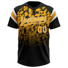 Laden Sie das Bild in den Galerie-Viewer, Uksn Individuelles Schwarz Gold-Weiß Farbverlauf geometrisches Gitter Ärmelstreifen Zweiknopf Unisex Softball-Trikot