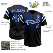 Laden Sie das Bild in den Galerie-Viewer, Uksn Individuelles Schwarz Royalblau-Weiß Farbverlauf geometrisches Gitter Ärmelstreifen Zweiknopf Unisex Softball-Trikot
