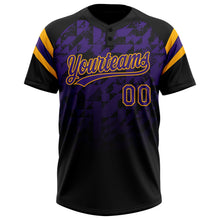 Laden Sie das Bild in den Galerie-Viewer, Uksn Individuelles Schwarz Violett-Gold Farbverlauf geometrisches Gitter Ärmelstreifen Zweiknopf Unisex Softball-Trikot