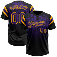 Laden Sie das Bild in den Galerie-Viewer, Uksn Individuelles Schwarz Violett-Gold Farbverlauf geometrisches Gitter Ärmelstreifen Zweiknopf Unisex Softball-Trikot