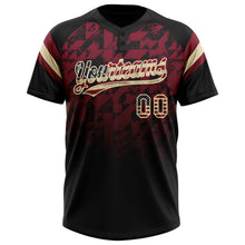 Laden Sie das Bild in den Galerie-Viewer, Uksn Individuelles Schwarz Vintage USA-Flagge Karmesinrot-Creme Farbverlauf geometrisches Gitter Ärmelstreifen Zweiknopf Unisex Softball-Trikot