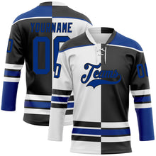 Laden Sie das Bild in den Galerie-Viewer, Uksn Individuelles Schwarz Royalblau-Weiß Split-Fashion Eishockey-Trikot mit Schnürkragen