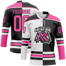 Laden Sie das Bild in den Galerie-Viewer, Uksn Individuelles Schwarz Pink-Weiß Split-Fashion Eishockey-Trikot mit Schnürkragen