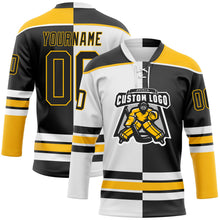 Laden Sie das Bild in den Galerie-Viewer, Uksn Individuelles Schwarz Gold-Weiß Split-Fashion Eishockey-Trikot mit Schnürkragen