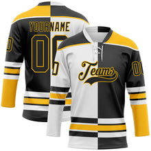 Laden Sie das Bild in den Galerie-Viewer, Uksn Individuelles Schwarz Gold-Weiß Split-Fashion Eishockey-Trikot mit Schnürkragen