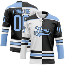 Laden Sie das Bild in den Galerie-Viewer, Uksn Individuelles Schwarz Hellblau-Weiß Split-Fashion Eishockey-Trikot mit Schnürkragen