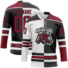 Laden Sie das Bild in den Galerie-Viewer, Uksn Individuelles Schwarz Karmesinrot-Weiß Split-Fashion Eishockey-Trikot mit Schnürkragen