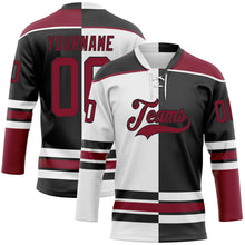 Laden Sie das Bild in den Galerie-Viewer, Uksn Individuelles Schwarz Karmesinrot-Weiß Split-Fashion Eishockey-Trikot mit Schnürkragen