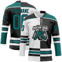 Laden Sie das Bild in den Galerie-Viewer, Uksn Individuelles Schwarz Petrol-Weiß Split-Fashion Eishockey-Trikot mit Schnürkragen