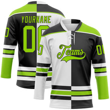 Laden Sie das Bild in den Galerie-Viewer, Uksn Individuelles Schwarz Neongrün-Weiß Split-Fashion Eishockey-Trikot mit Schnürkragen