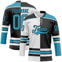 Laden Sie das Bild in den Galerie-Viewer, Uksn Individuelles Schwarz Pantherblau-Weiß Split-Fashion Eishockey-Trikot mit Schnürkragen