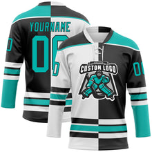 Laden Sie das Bild in den Galerie-Viewer, Uksn Individuelles Schwarz Aqua-Weiß Split-Fashion Eishockey-Trikot mit Schnürkragen
