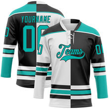 Laden Sie das Bild in den Galerie-Viewer, Uksn Individuelles Schwarz Aqua-Weiß Split-Fashion Eishockey-Trikot mit Schnürkragen