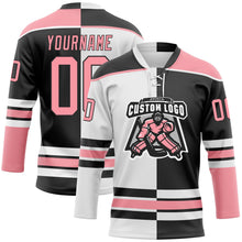 Laden Sie das Bild in den Galerie-Viewer, Uksn Individuelles Schwarz Mittelrosa-Weiß Split-Fashion Eishockey-Trikot mit Schnürkragen